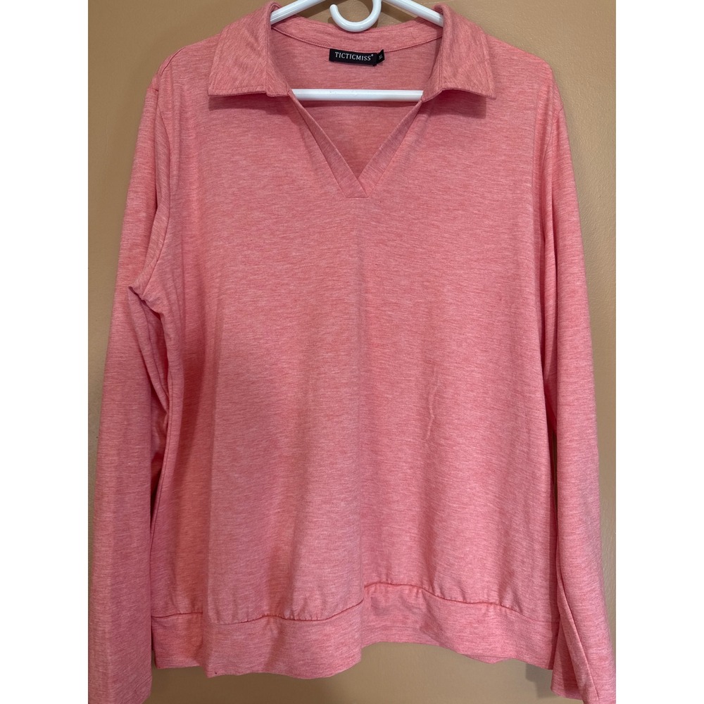 Ticticmiss Womens XL Long Sleeve Polo Shirt V-Neck Heathered Coral Pink Pullover